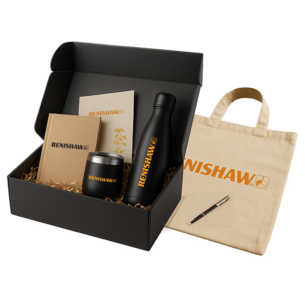 Renishaw branded gift box with bottle, cup, notebook and tote bag
