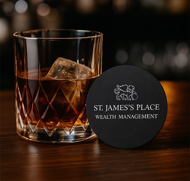St. James's Place branded coaster and whisky glass