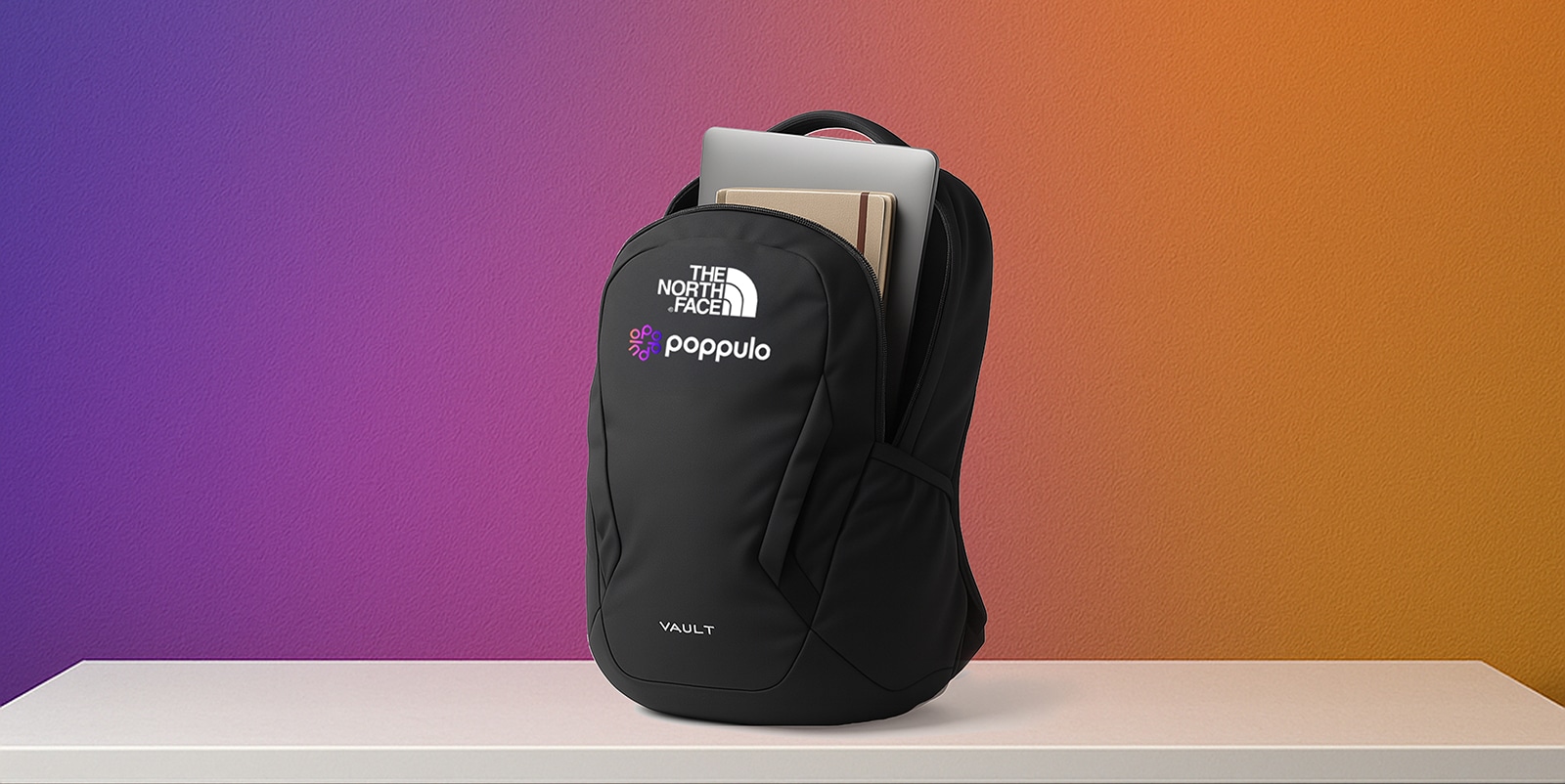 Poppulo branded North Face backpack merchandise