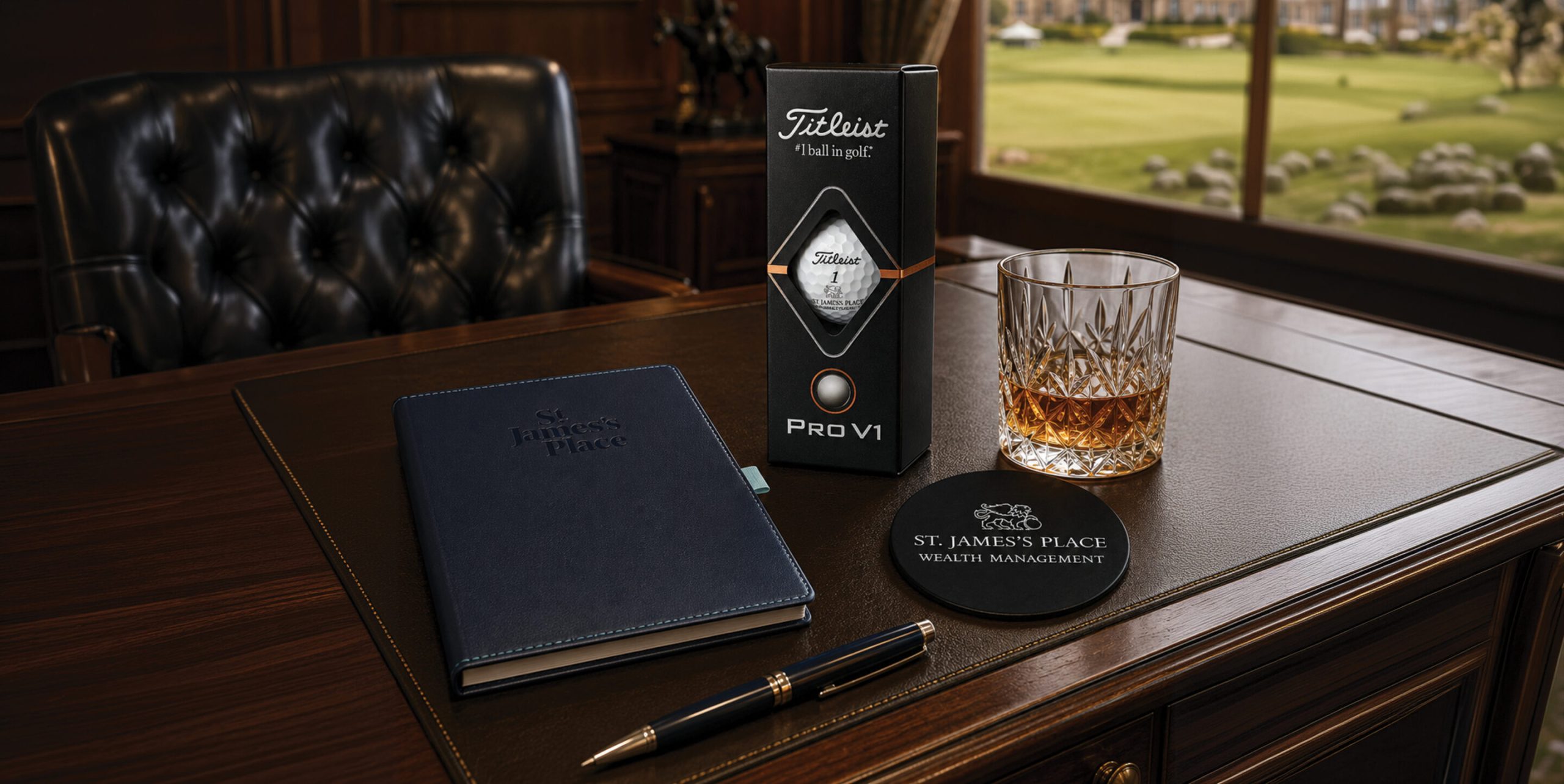 St. James's Place branded merchandise collection: notebook, golf balls, coaster and pen