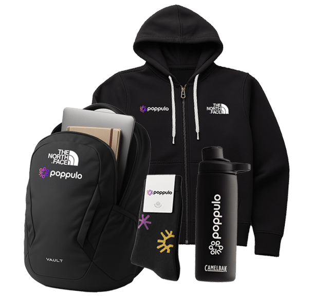 Poppulo branded North Face backpack and employee merchandise kit