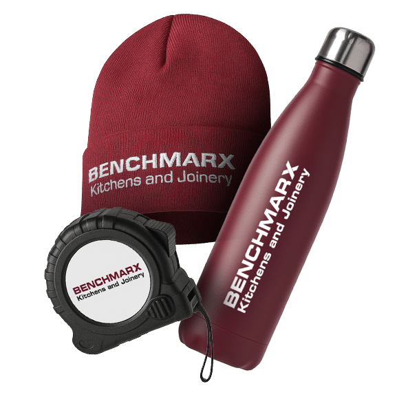 Benchmarx branded beanie hat, thermal bottle and tape measure