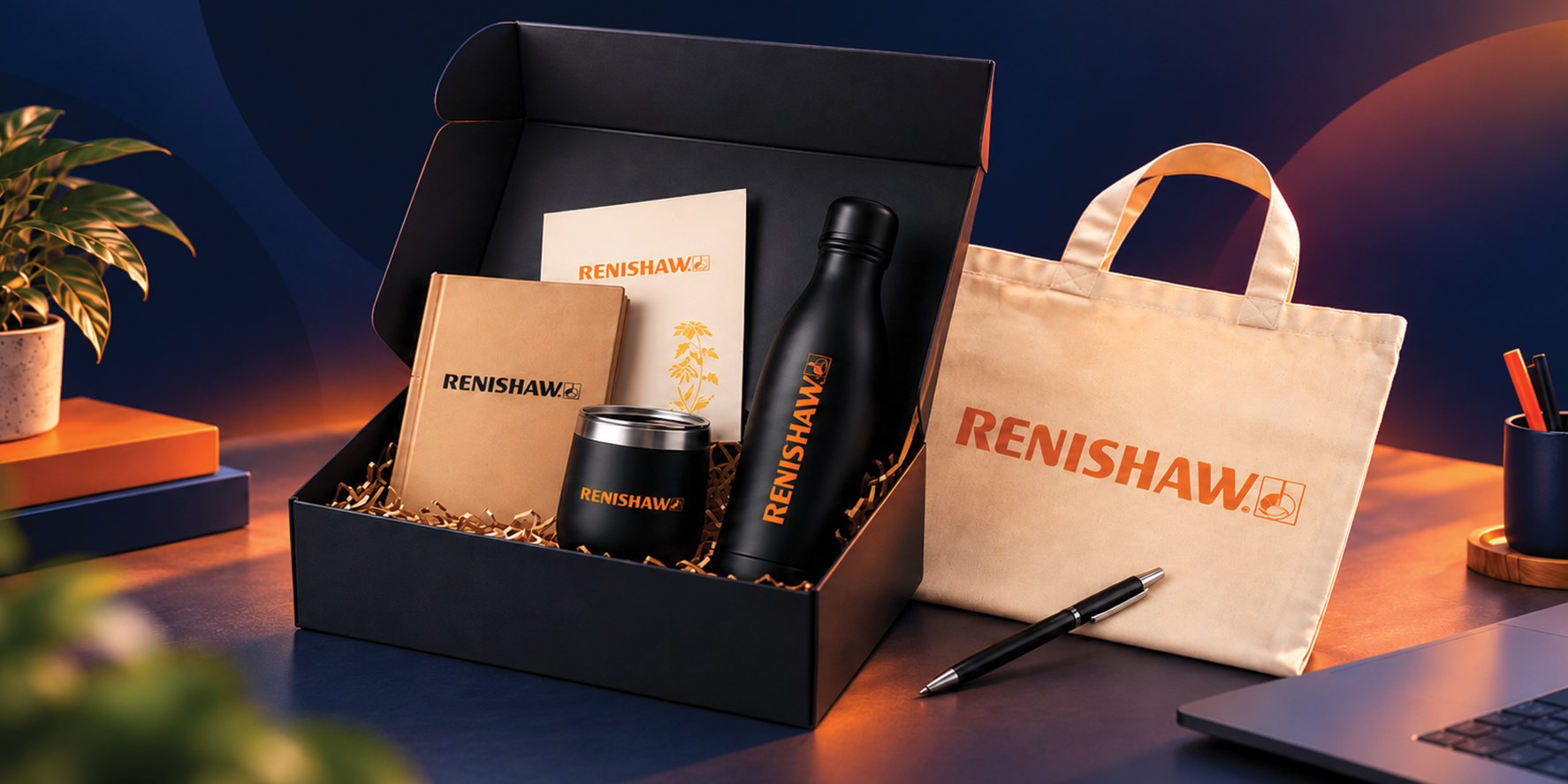 Branded gift box set with tote bag and drinkware