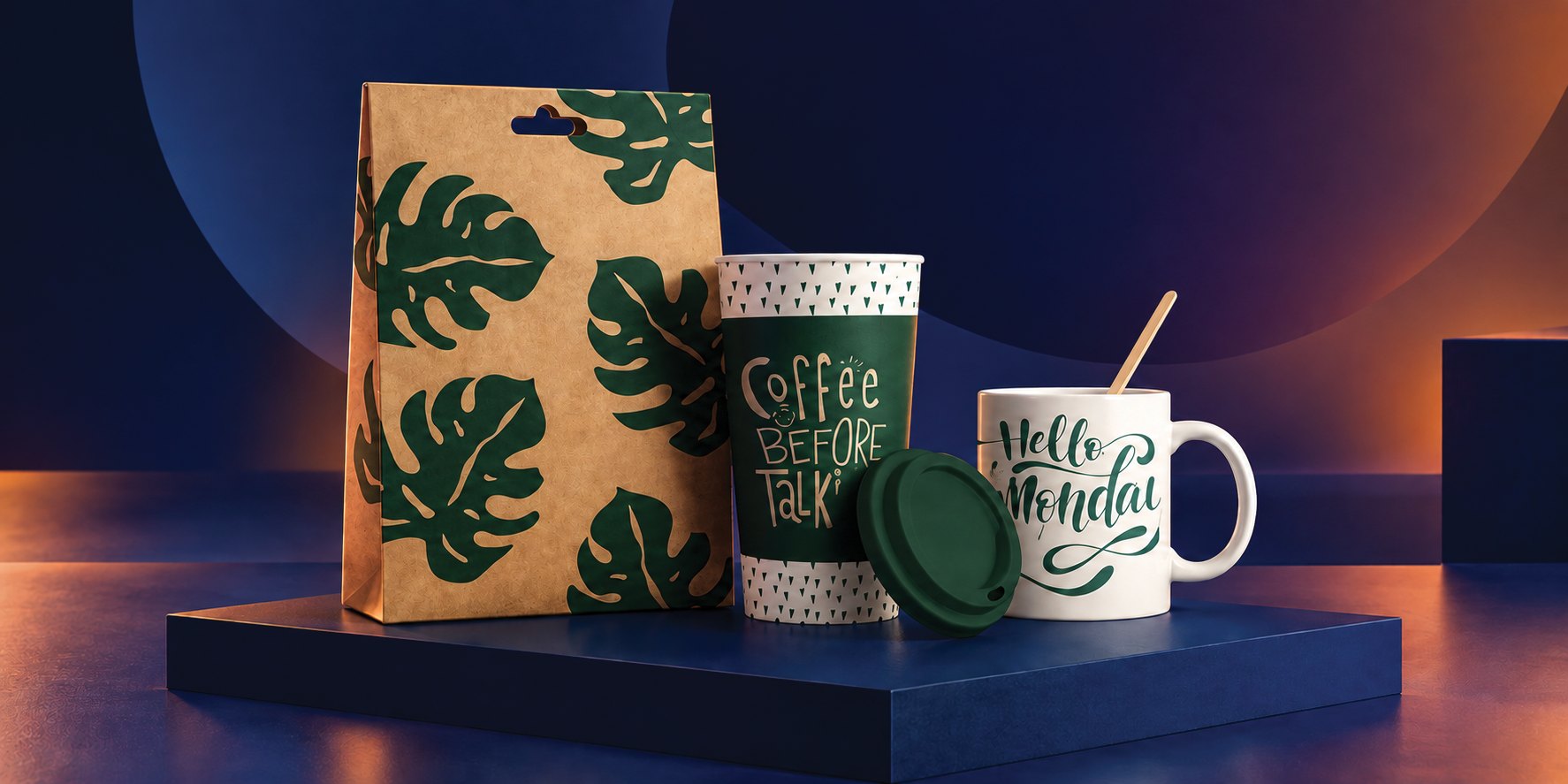 Kraft gift bag with branded coffee mugs