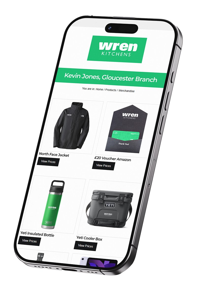 JSM branded merchandise: insulated bottle, earbuds case and phone displaying a corporate webshop