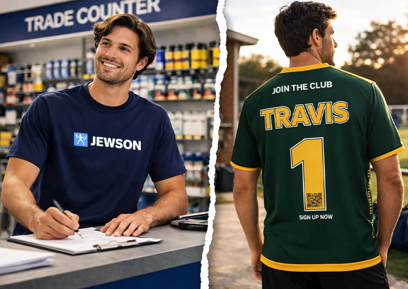 Team member scanning branded workwear, representing internal and external brand touchpoints