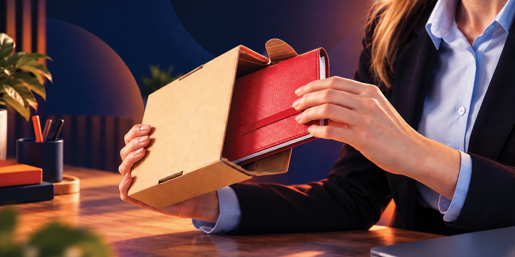 Hands unboxing a red branded notebook from a kraft box