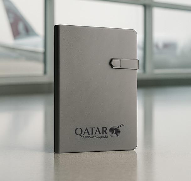 Qatar Airways branded leather strap notebook, embossed