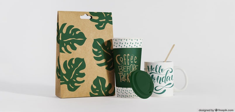 Kraft gift bag with branded coffee mugs