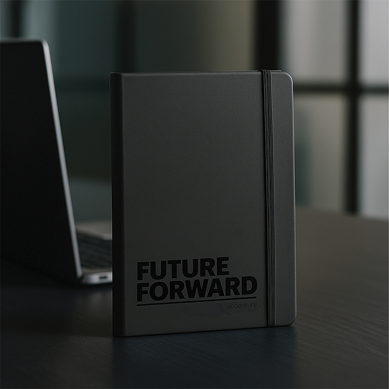 Black Ultimate notebook branded with the Accenture logo