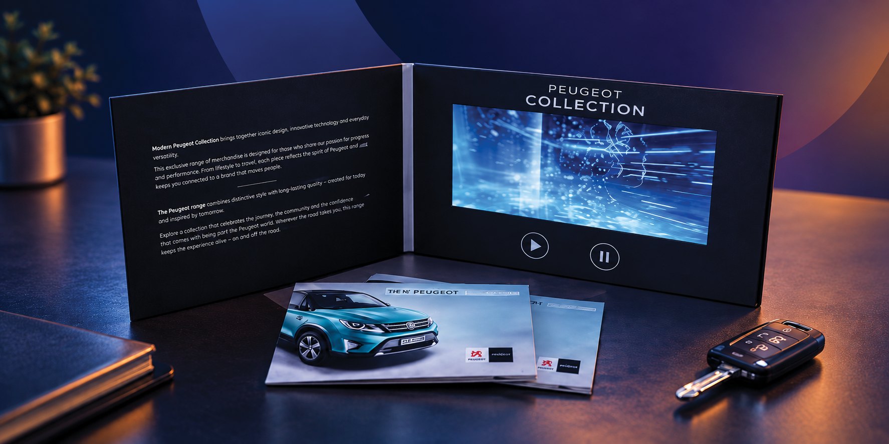 Branded video card brochure with car key on a desk