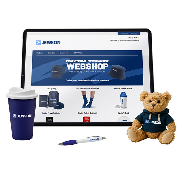 Jewson branded merchandise and corporate webshop shown on a tablet