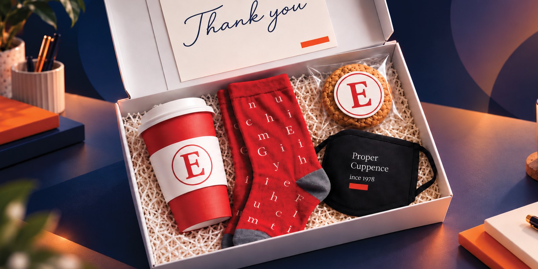 Branded thank-you gift box with mug, socks and face covering