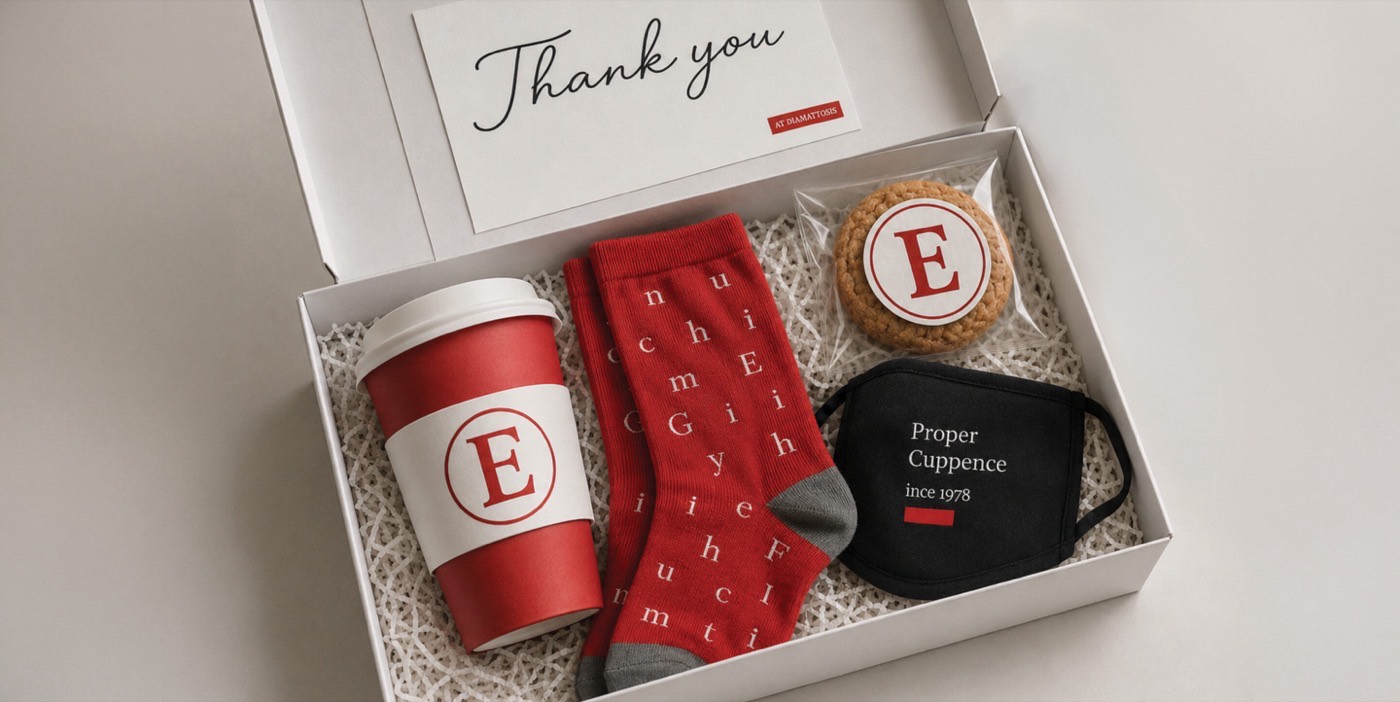 Branded thank-you gift box with mug, socks and face covering