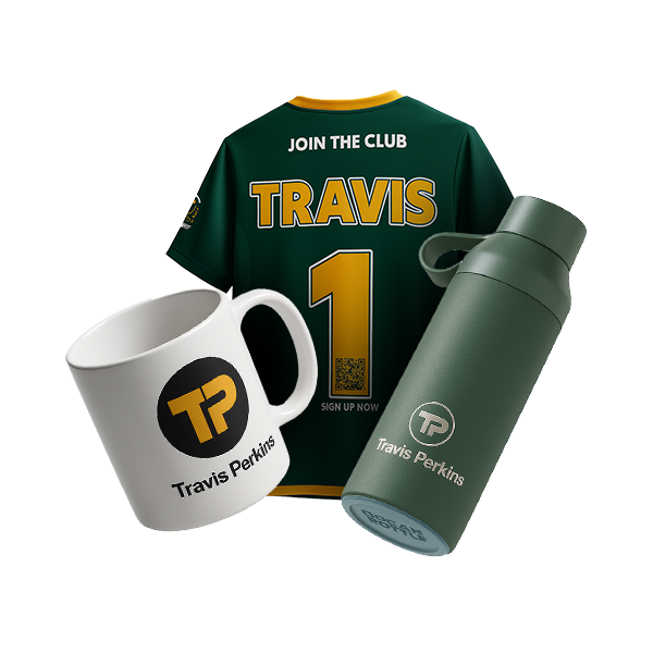 Travis Perkins branded football shirt, mug and insulated bottle
