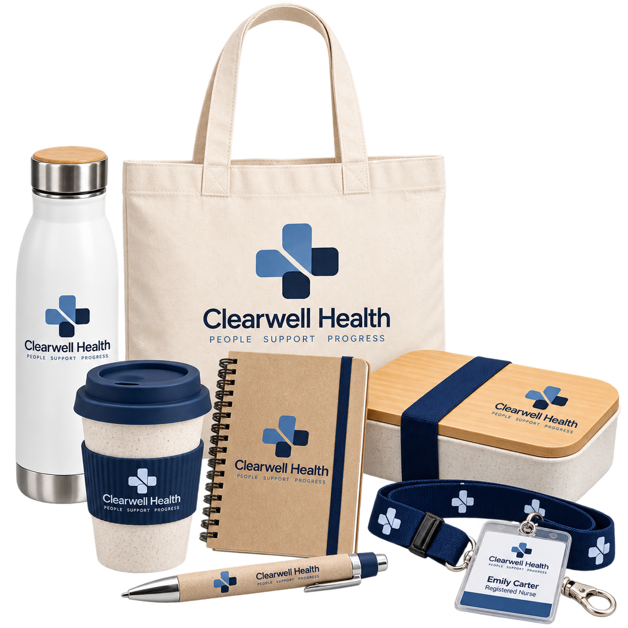 Recycled and FSC-certified branded merchandise in a kraft gift box