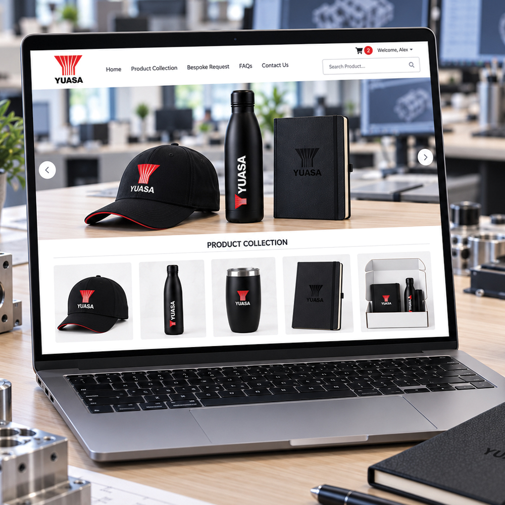 A branded merchandise webshop shown on a tablet