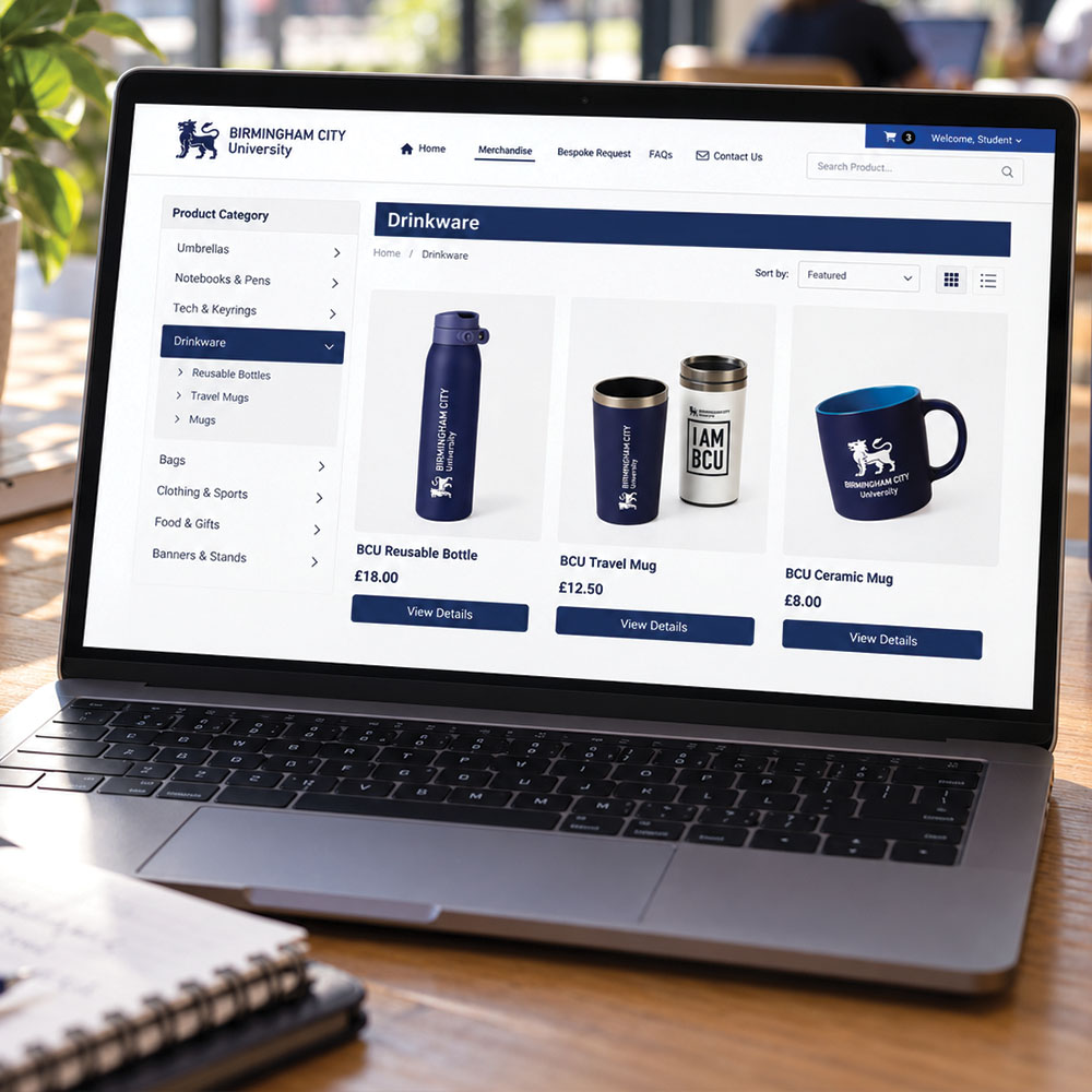 A branded merchandise webshop shown on a tablet