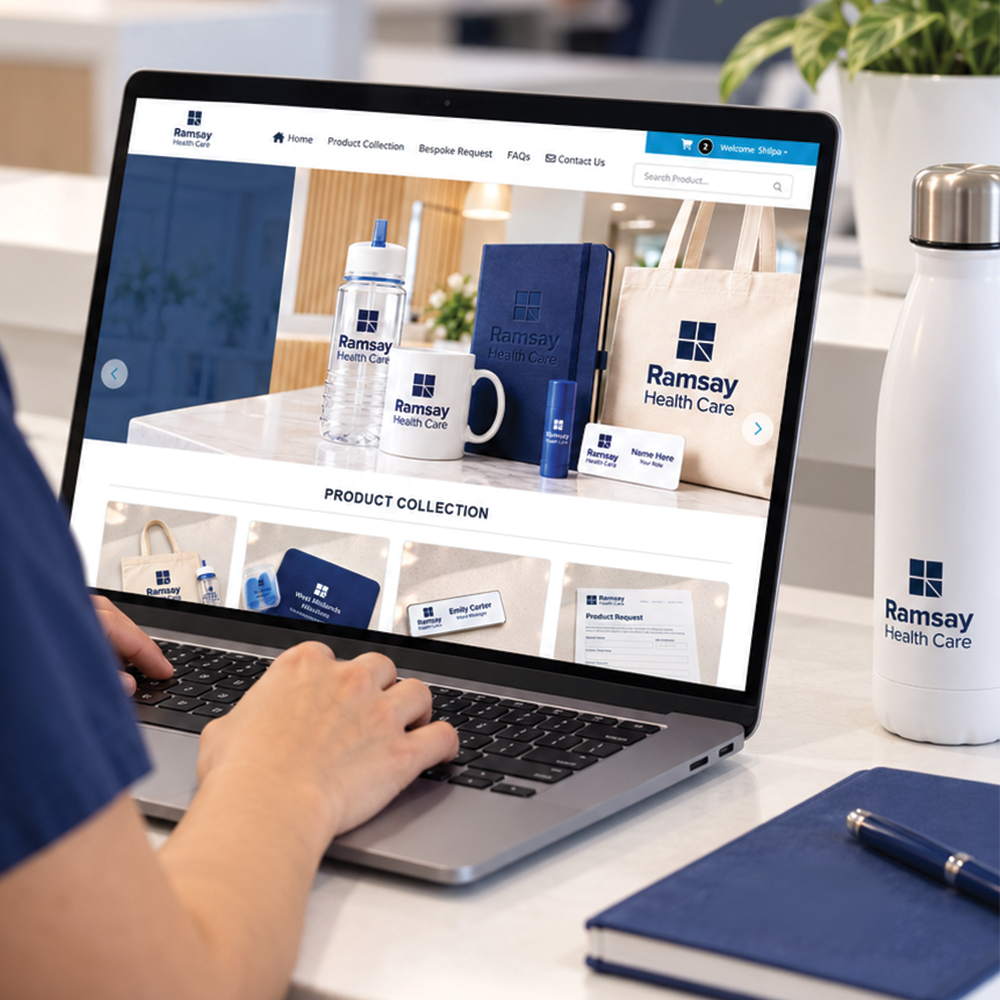 A branded merchandise webshop shown on a tablet