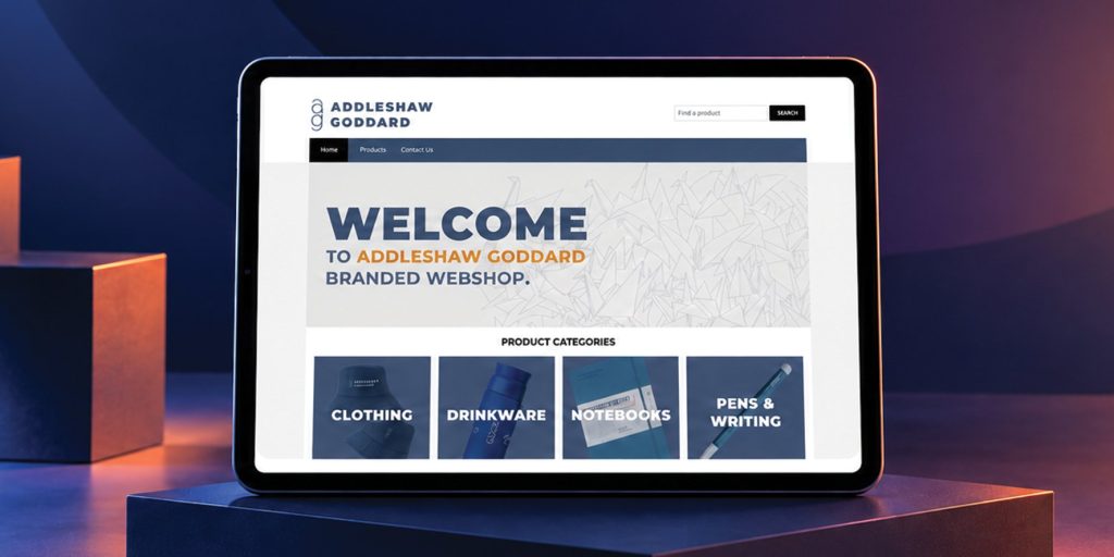 A branded corporate webshop homepage shown on a tablet