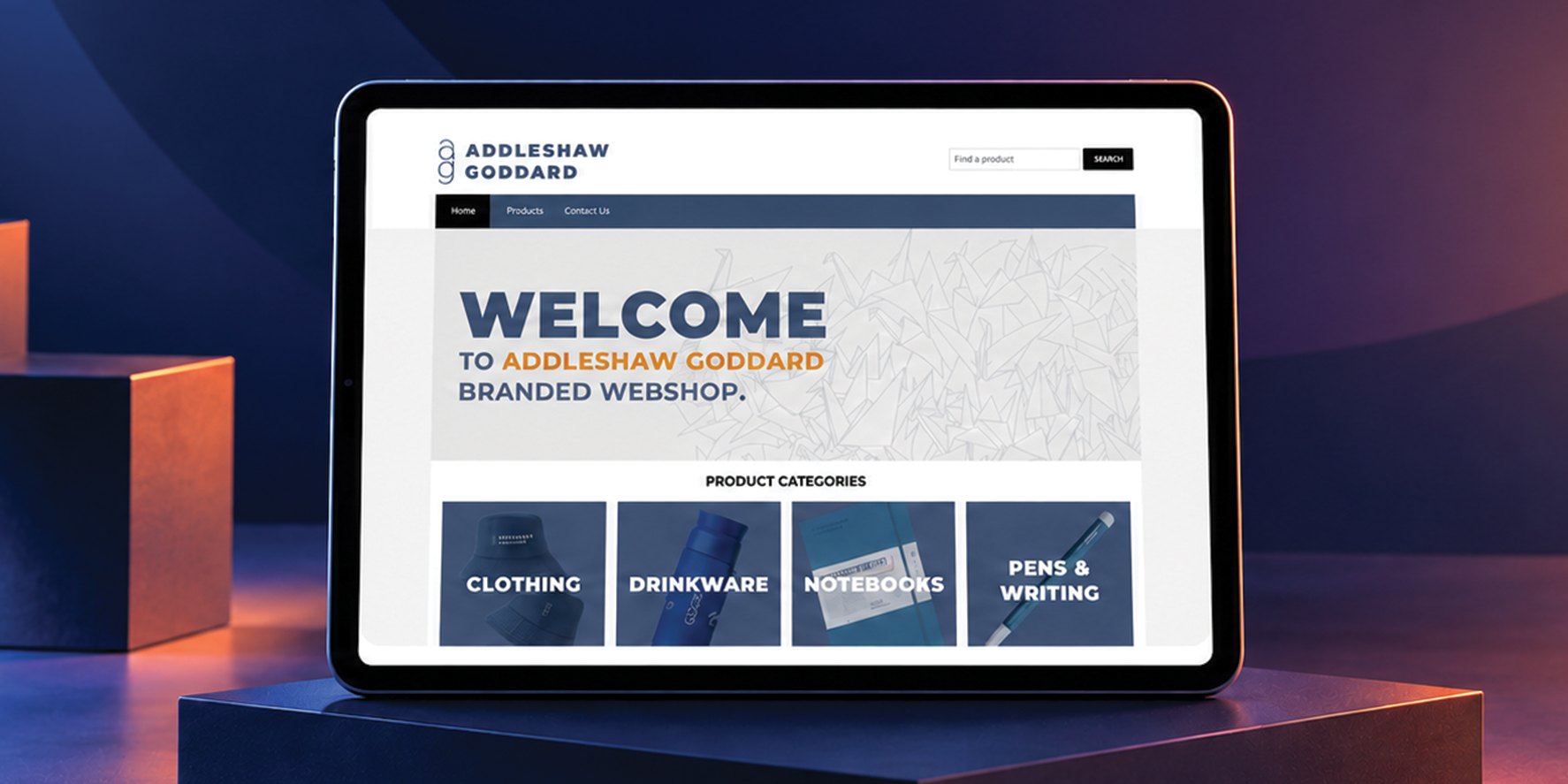 A branded corporate webshop homepage shown on a tablet