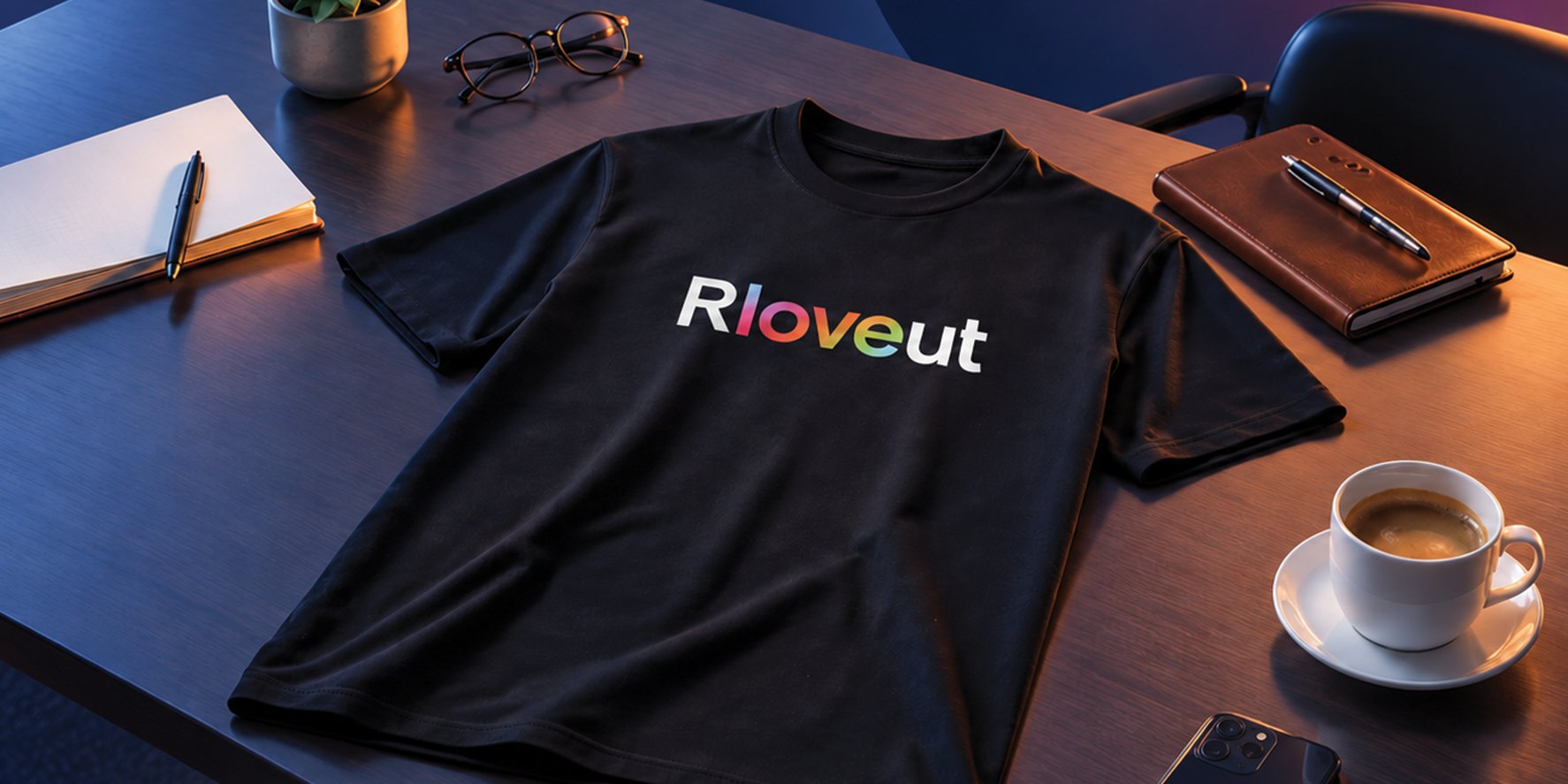 A branded t-shirt, notebook and coffee cup laid out on a desk