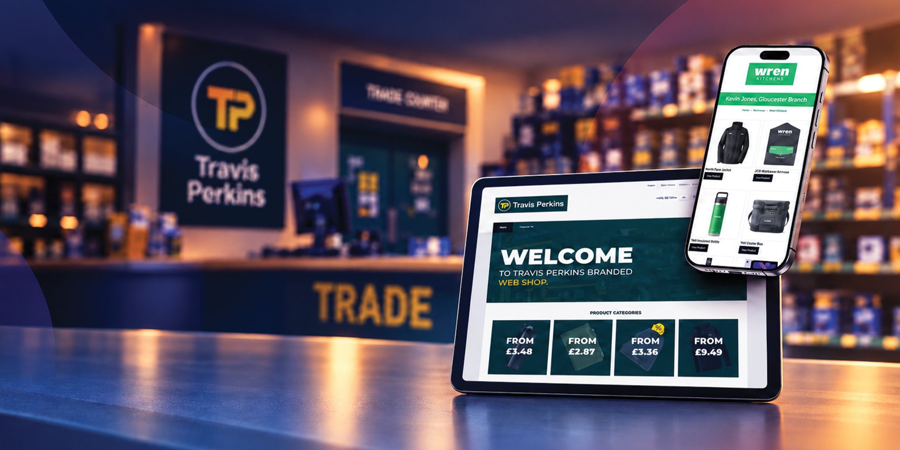 A branded merchandise webshop shown on a tablet and phone at a trade counter