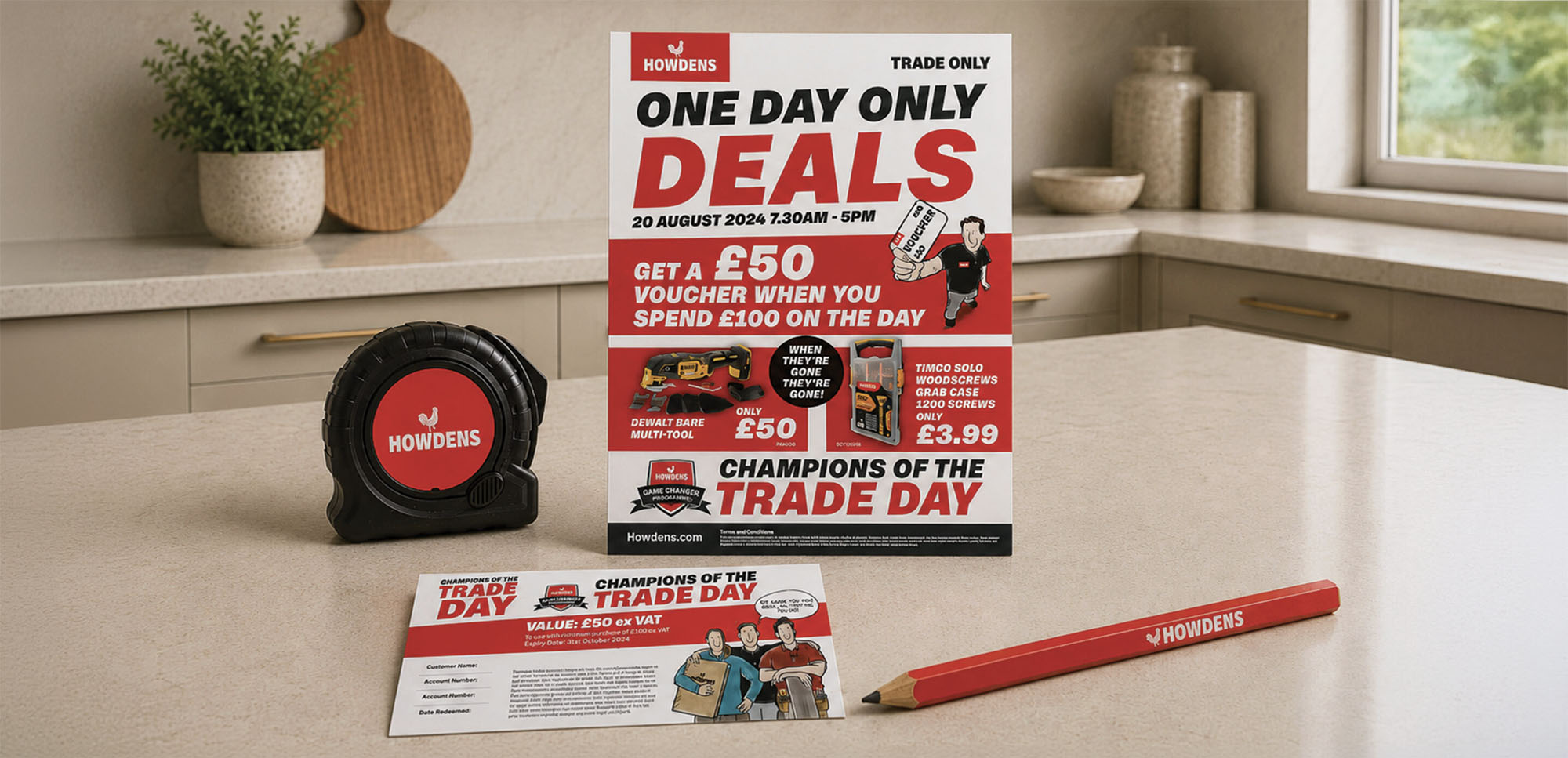 Howdens branded Trade Day tape measure, pencil, flyer and voucher