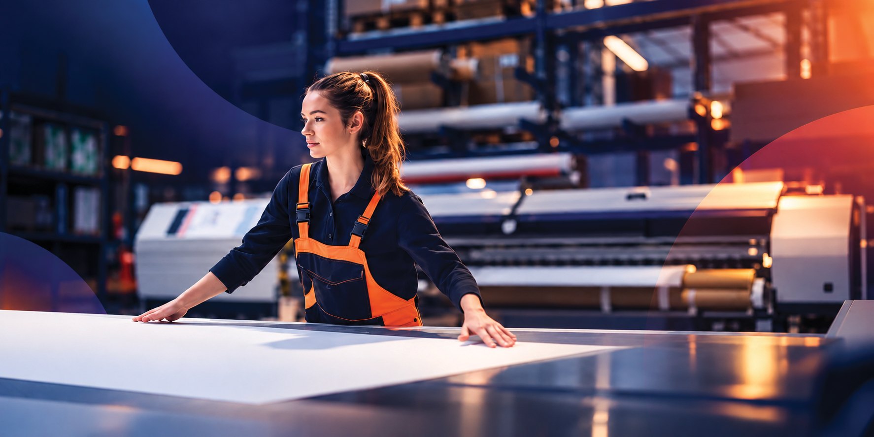 A production operator working at a large-format printer