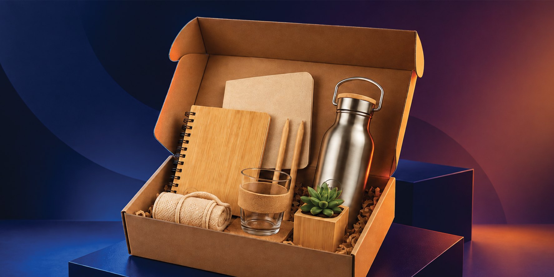 An open kraft gift box containing a branded notebook, bottle and desk plant